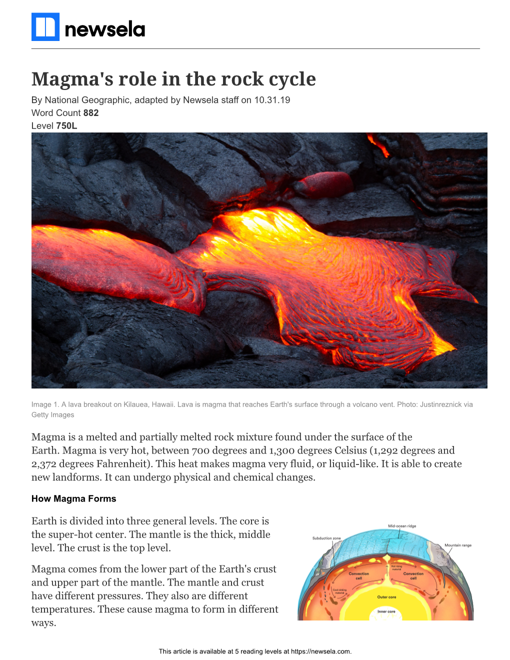 Magma's Role in the Rock Cycle by National Geographic, Adapted by Newsela Staff on 10.31.19 Word Count 882 Level 750L