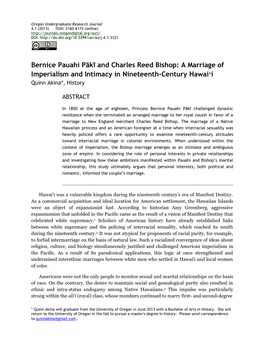 Bernice Pauahi Pākī and Charles Reed Bishop: a Marriage of Imperialism and Intimacy in Nineteenth-Century Hawaiʻi Quinn Akina*, History