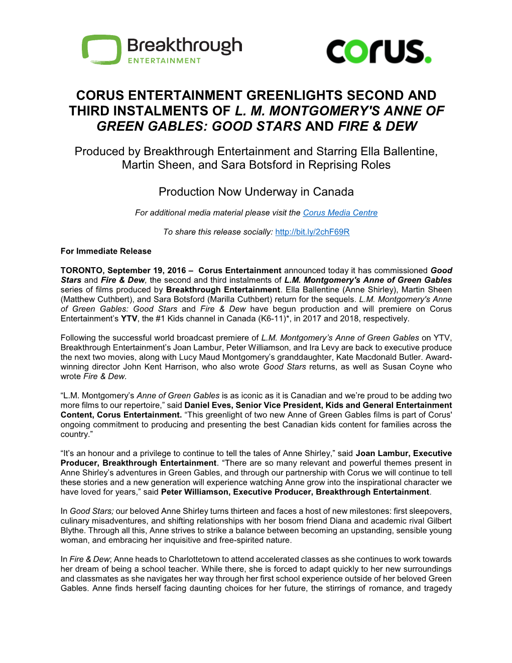 Corus Entertainment Greenlights Second and Third Instalments of L