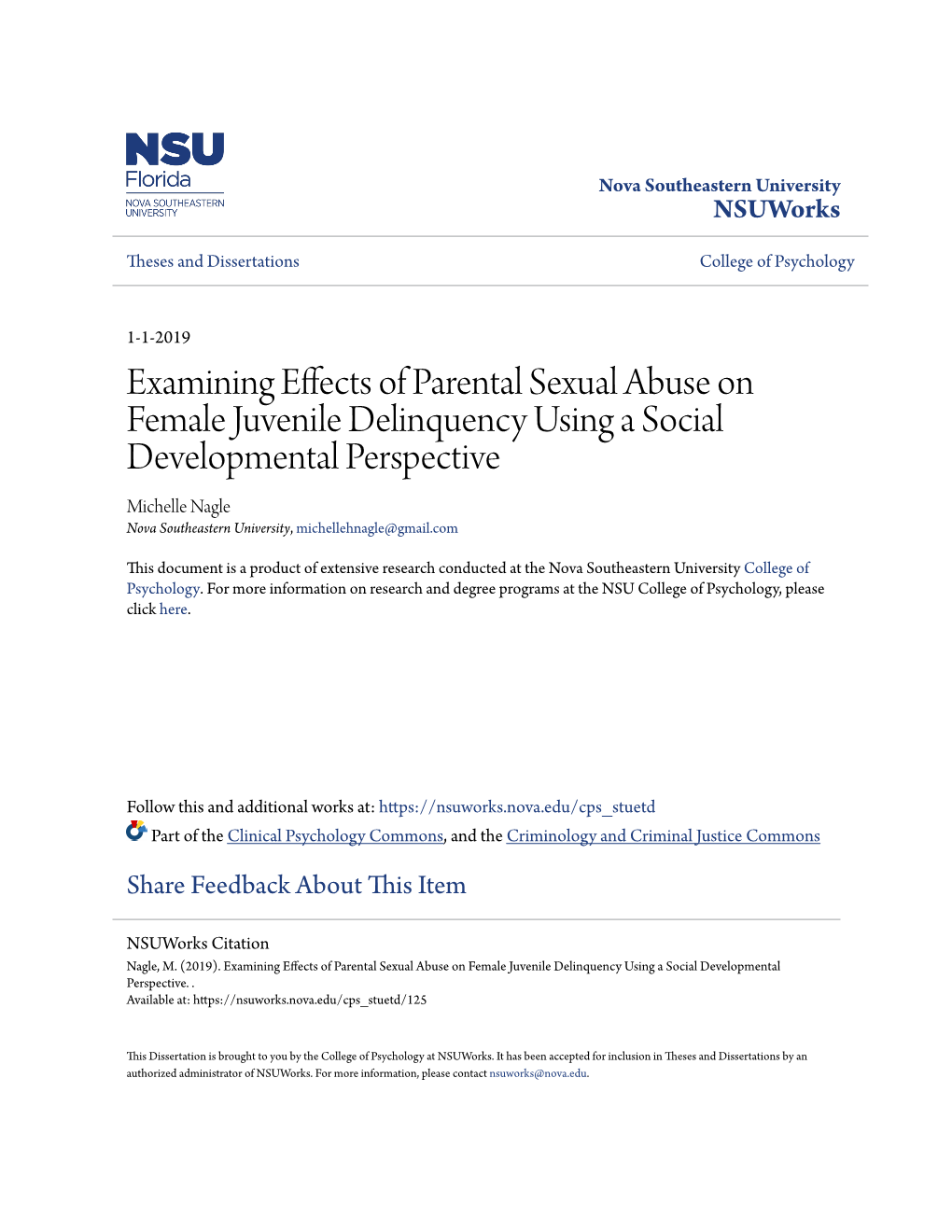 Examining Effects of Parental Sexual Abuse on Female Juvenile Delinquency Using a Social Developmental Perspective