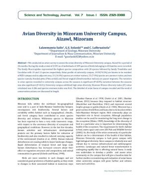 Avian Diversity in Mizoram University Campus, Aizawl, Mizoram