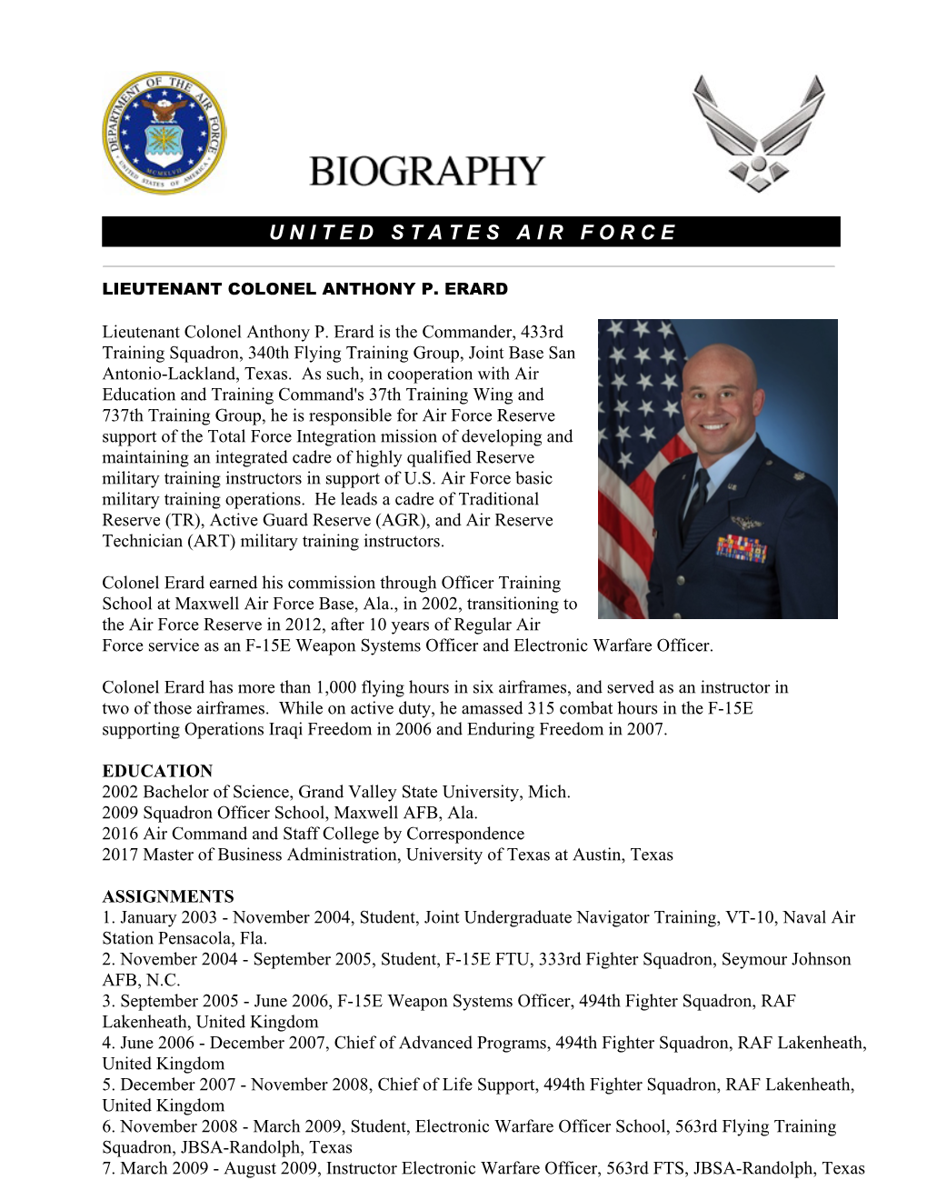 Page 1 LIEUTENANT COLONEL ANTHONY P. ERARD Lieutenant
