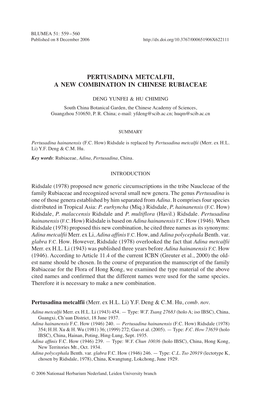 Pertusadina Metcalfii, a New Combination in Chinese Rubiaceae