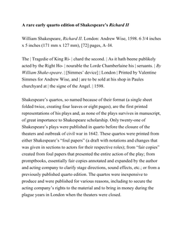 A Rare Early Quarto Edition of Shakespeare's Richard II William Shakespeare, Richard II. London: Andrew Wise, 1598. 6 3/4 Inch