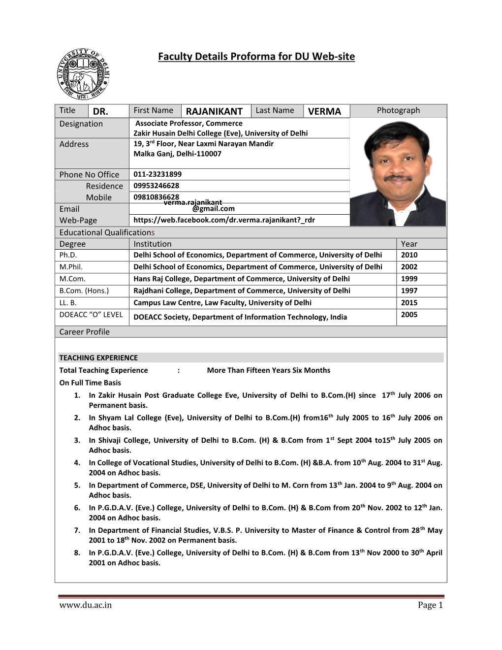 Faculty Details Proforma for DU Web-Site