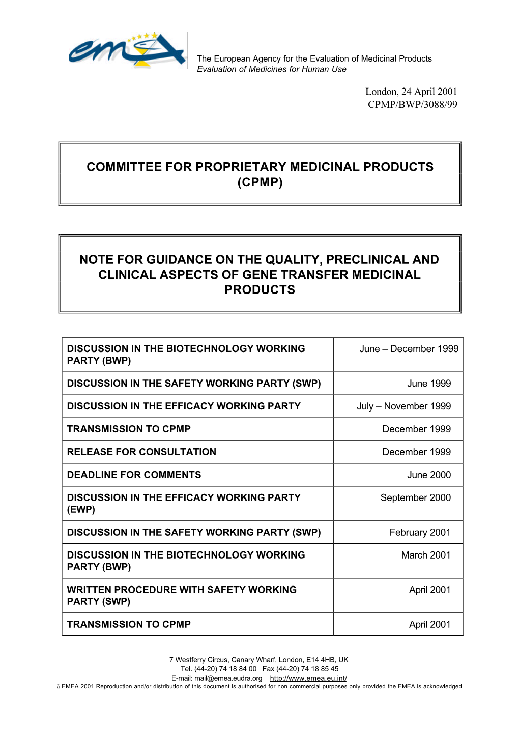 Note for Guidance on the Quality, Preclinical and Clinical Aspects of Gene Transfer Medicinal Products