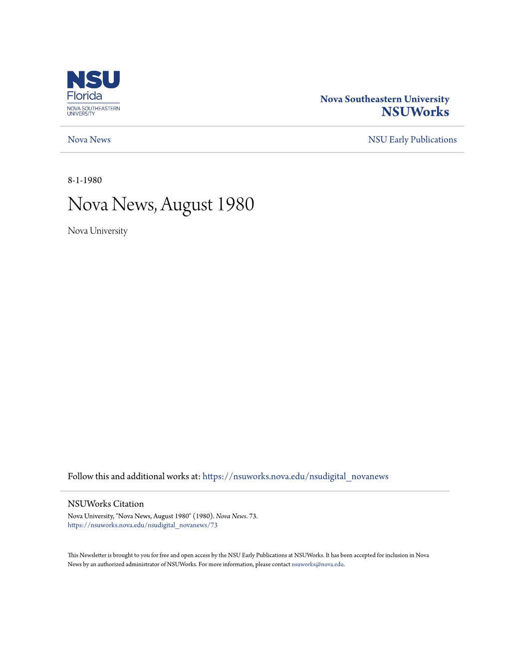 Nova News, August 1980 Nova University