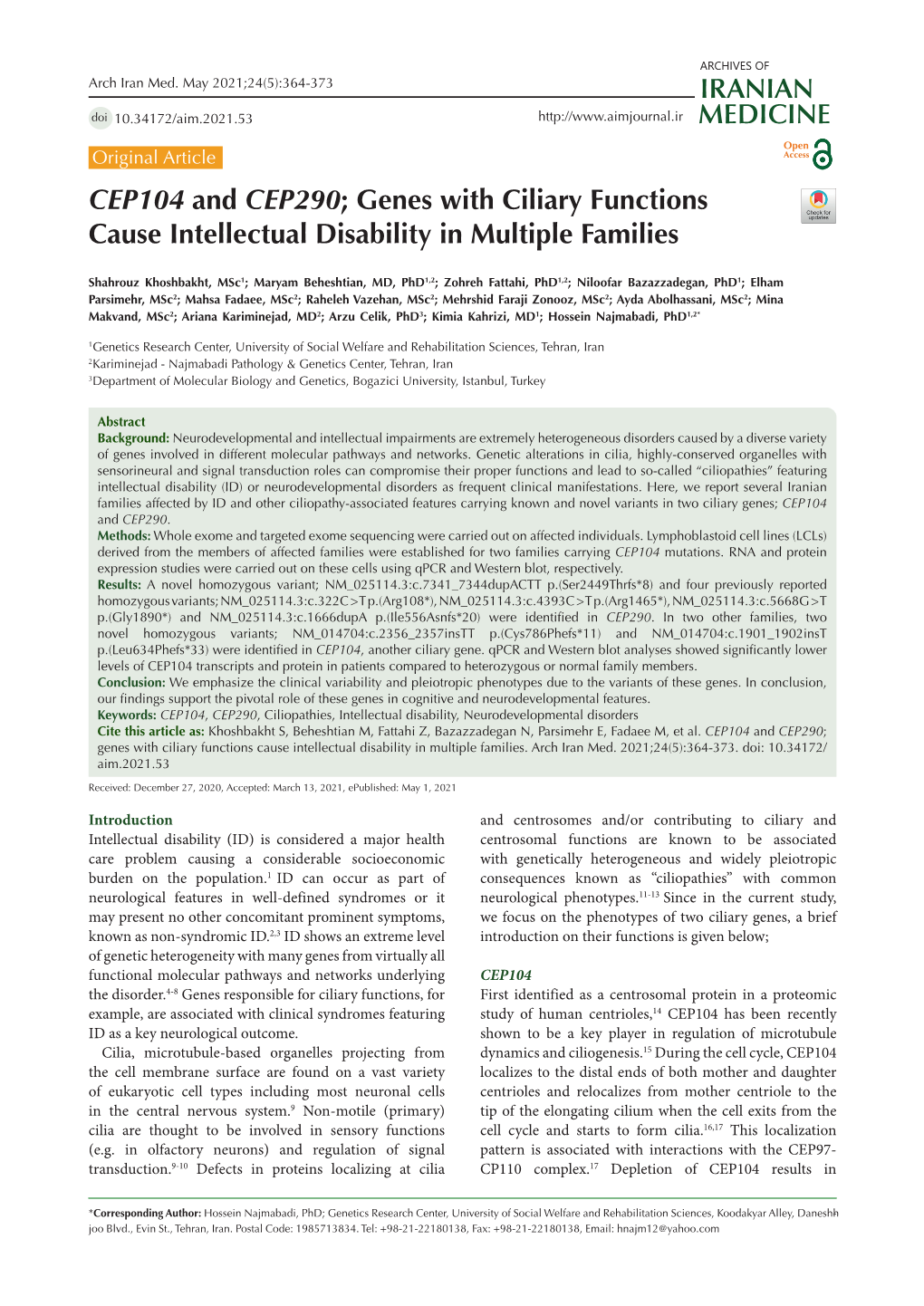 CEP104 and CEP290; Genes with Ciliary Functions Cause Intellectual Disability in Multiple Families