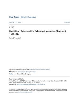 Rabbi Henry Cohen and the Galveston Immigration Movement, 1907-1914