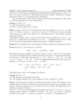 Algebra 2. the Symmetric Groups Sn. Roma, December 15, 2009 in This