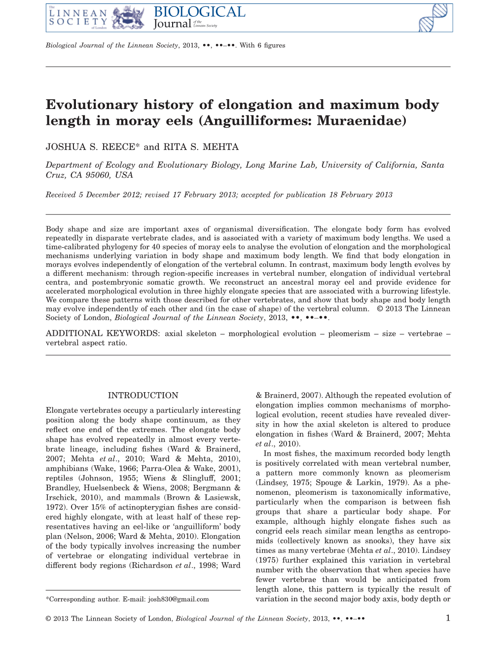 Evolutionary History of Elongation and Maximum Body Length in Moray Eels (Anguilliformes: Muraenidae)