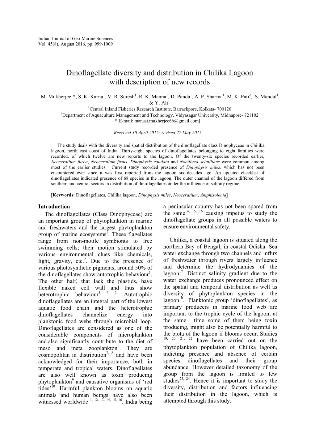 Dinoflagellate Diversity and Distribution in Chilika Lagoon with Description of New Records