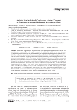 Antimicrobial Activity of Cymbopogon Citratus (Poaceae) on Streptococcus Mutans Biofilm and Its Cytotoxic Effects
