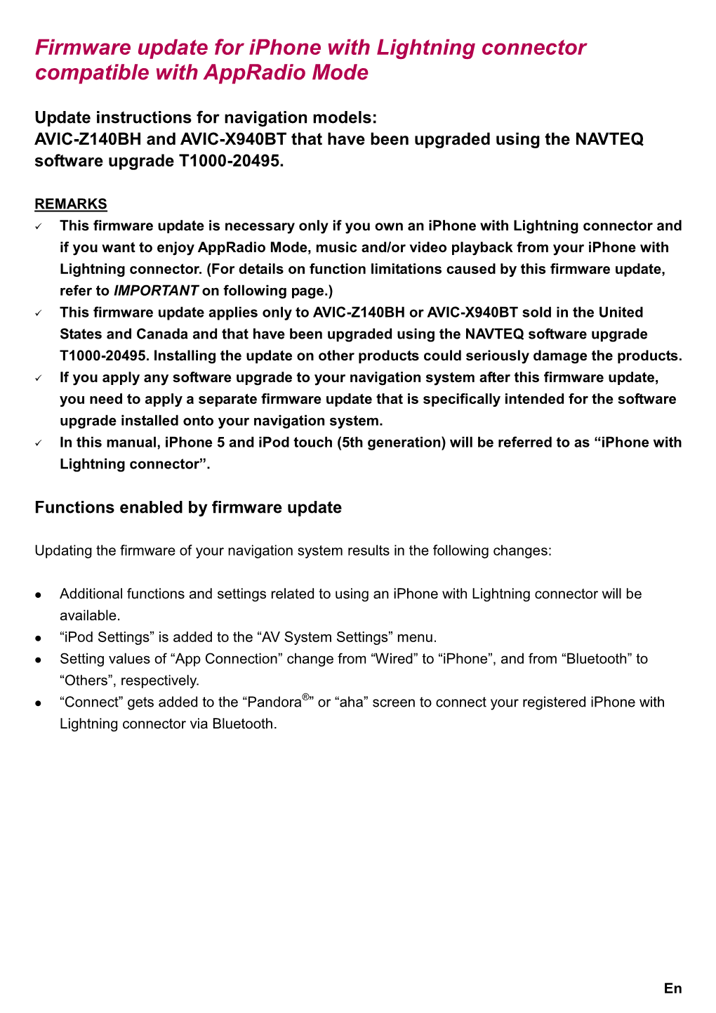 Firmware Update for Iphone with Lightning Connector Compatible with Appradio Mode