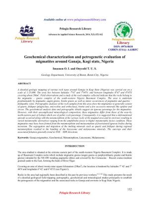 Geochemical Characterization and Petrogenetic Evaluation of Migmatites Around Ganaja, Kogi State, Nigeria