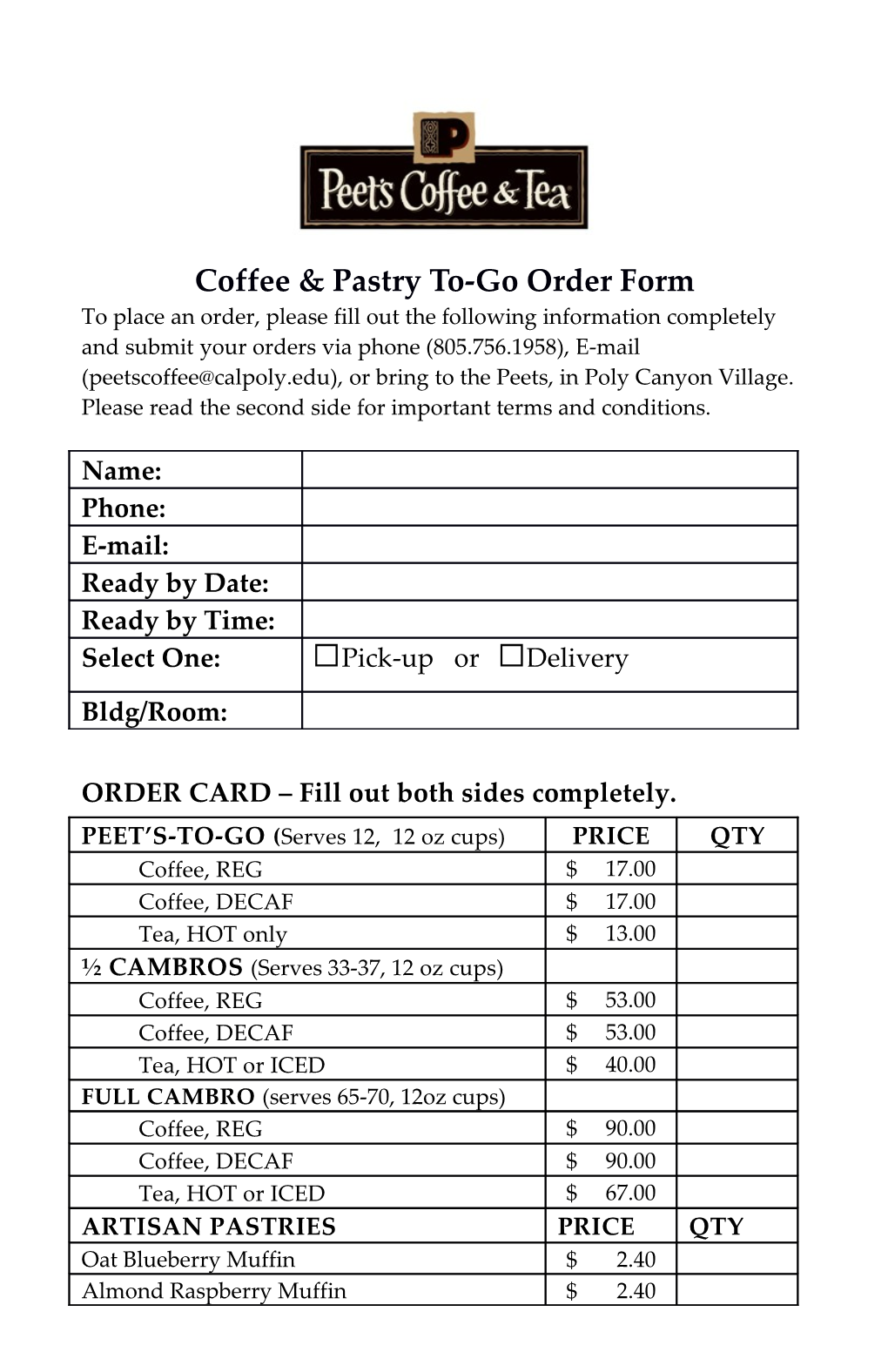 Coffee & Pastry To-Go Order Form
