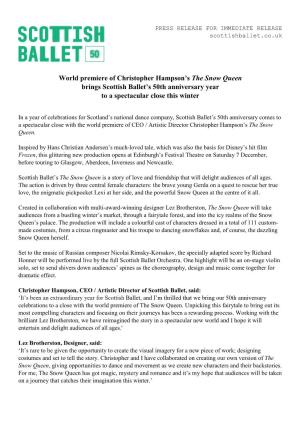 World Premiere of Christopher Hampson's the Snow Queen