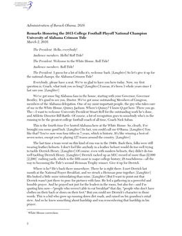 Administration of Barack Obama, 2016 Remarks Honoring the 2015 College Football Playoff National Champion University of Alabama
