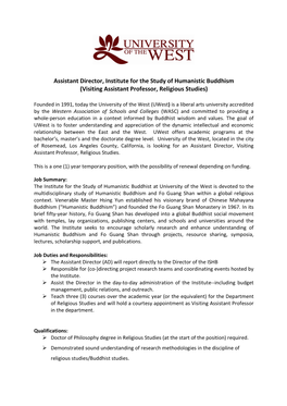 Assistant Director, Institute for the Study of Humanistic Buddhism (Visiting Assistant Professor, Religious Studies)
