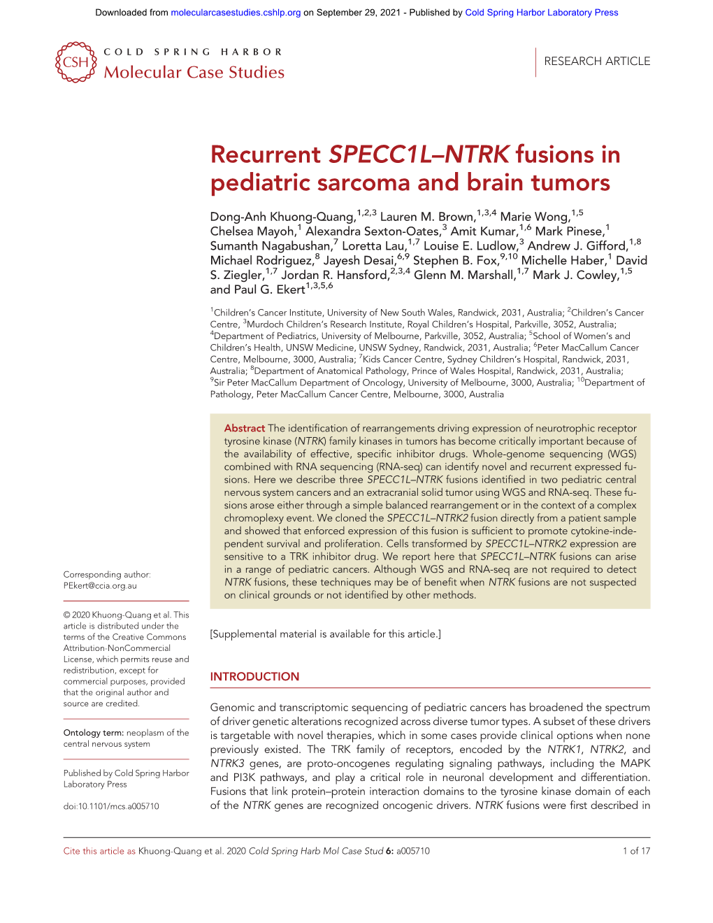 Recurrent SPECC1L–NTRK Fusions in Pediatric Sarcoma and Brain Tumors