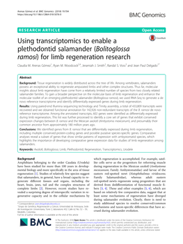 Using Transcriptomics to Enable a Plethodontid Salamander (Bolitoglossa Ramosi) for Limb Regeneration Research Claudia M