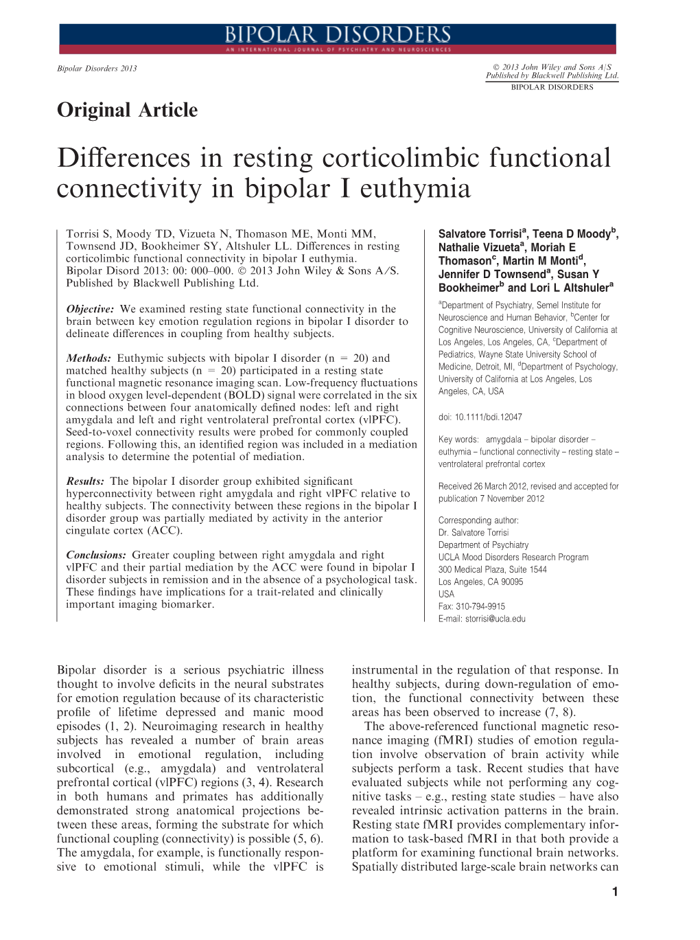 Differences in Resting Corticolimbic Functional Connectivity in Bipolar I