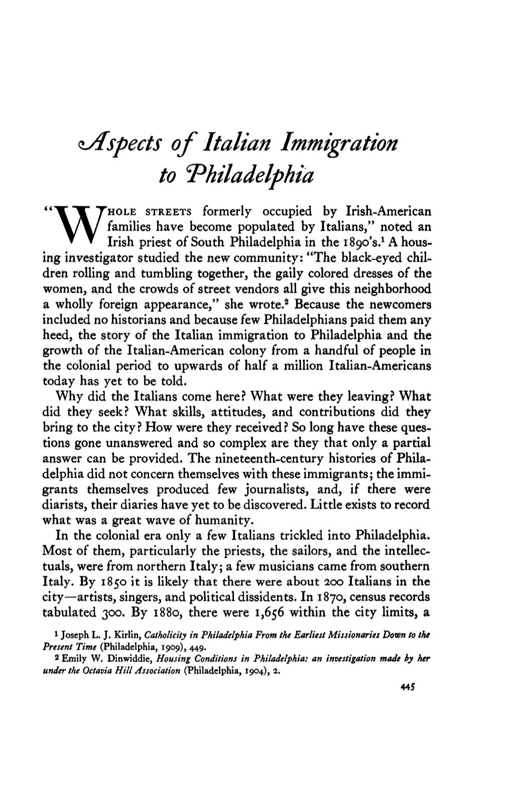 ^Aspects of Italian Immigration to Philadelphia