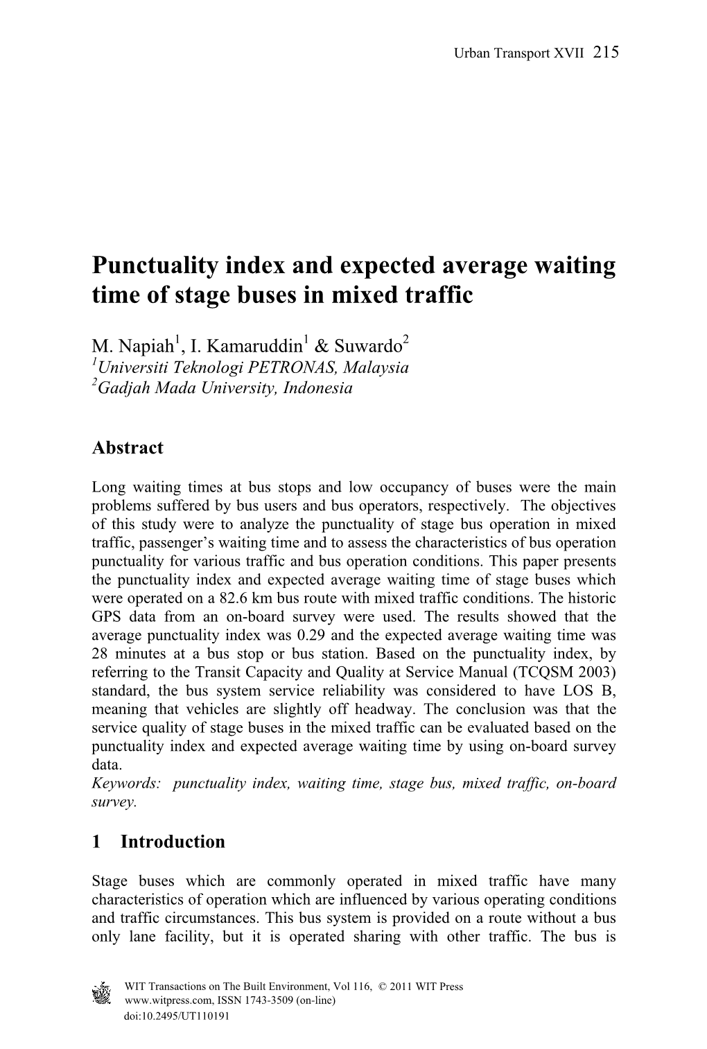 Punctuality Index and Expected Average Waiting Time of Stage Buses in Mixed Traffic