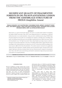 SIGNIFICANT QUALITY of FRAGMENTED FORESTS in OIL PALM PLANTATIONS: LESSON from the ASSEMBLAGE STRUCTURE of FROGS (Amphibia: Anura)