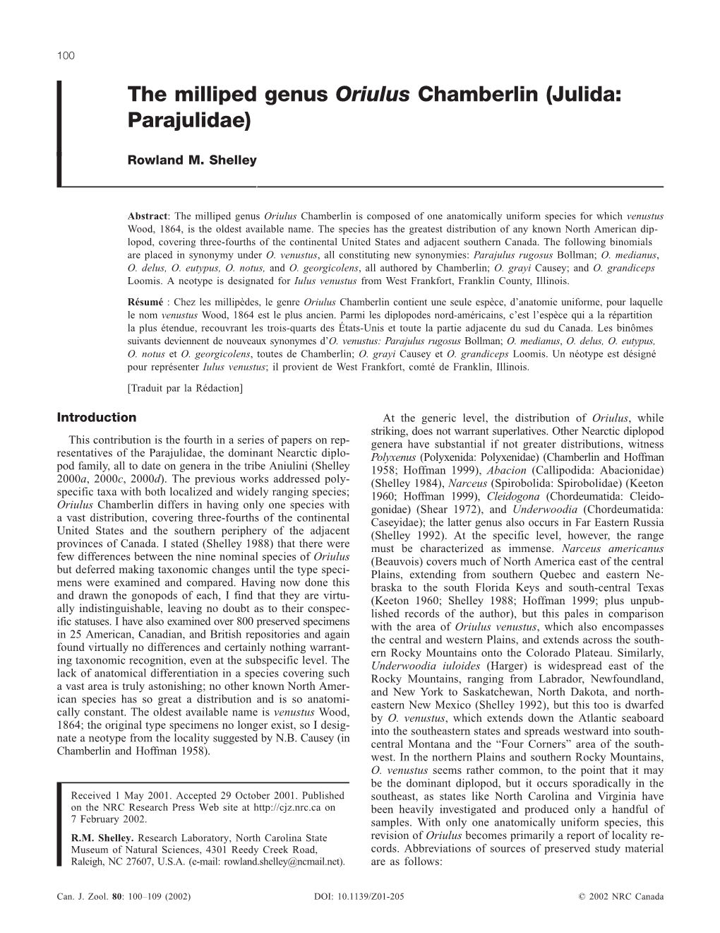 The Milliped Genus Oriulus Chamberlin (Julida: Parajulidae)