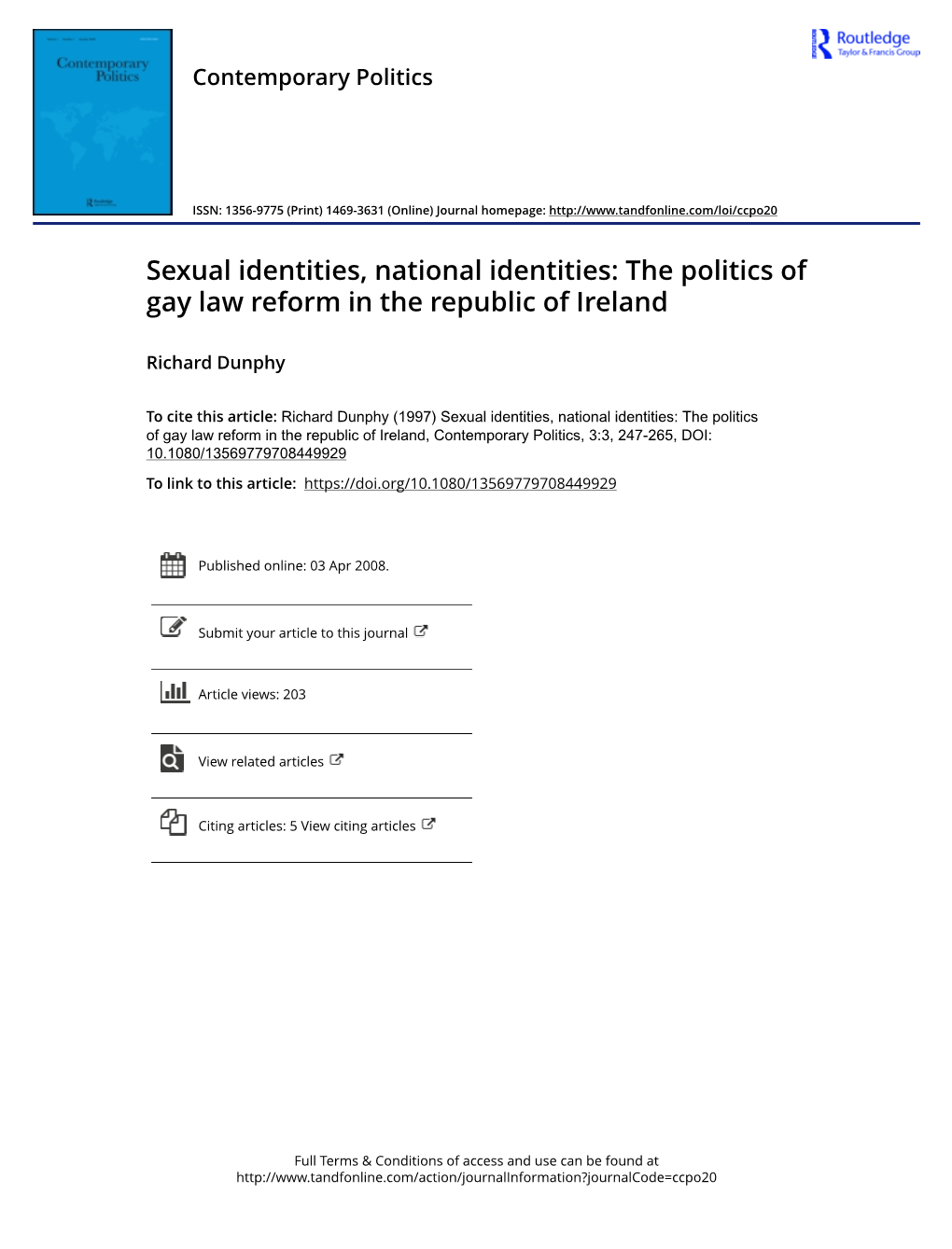 Sexual Identities, National Identities: the Politics of Gay Law Reform in the Republic of Ireland