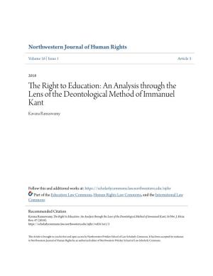 The Right to Education: an Analysis Through the Lens of the Deontological Method of Immanuel Kant Kavana Ramaswamy