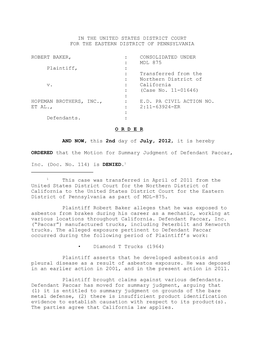 MDL 875 Plaintiff, : : Transferred from the : Northern District of V