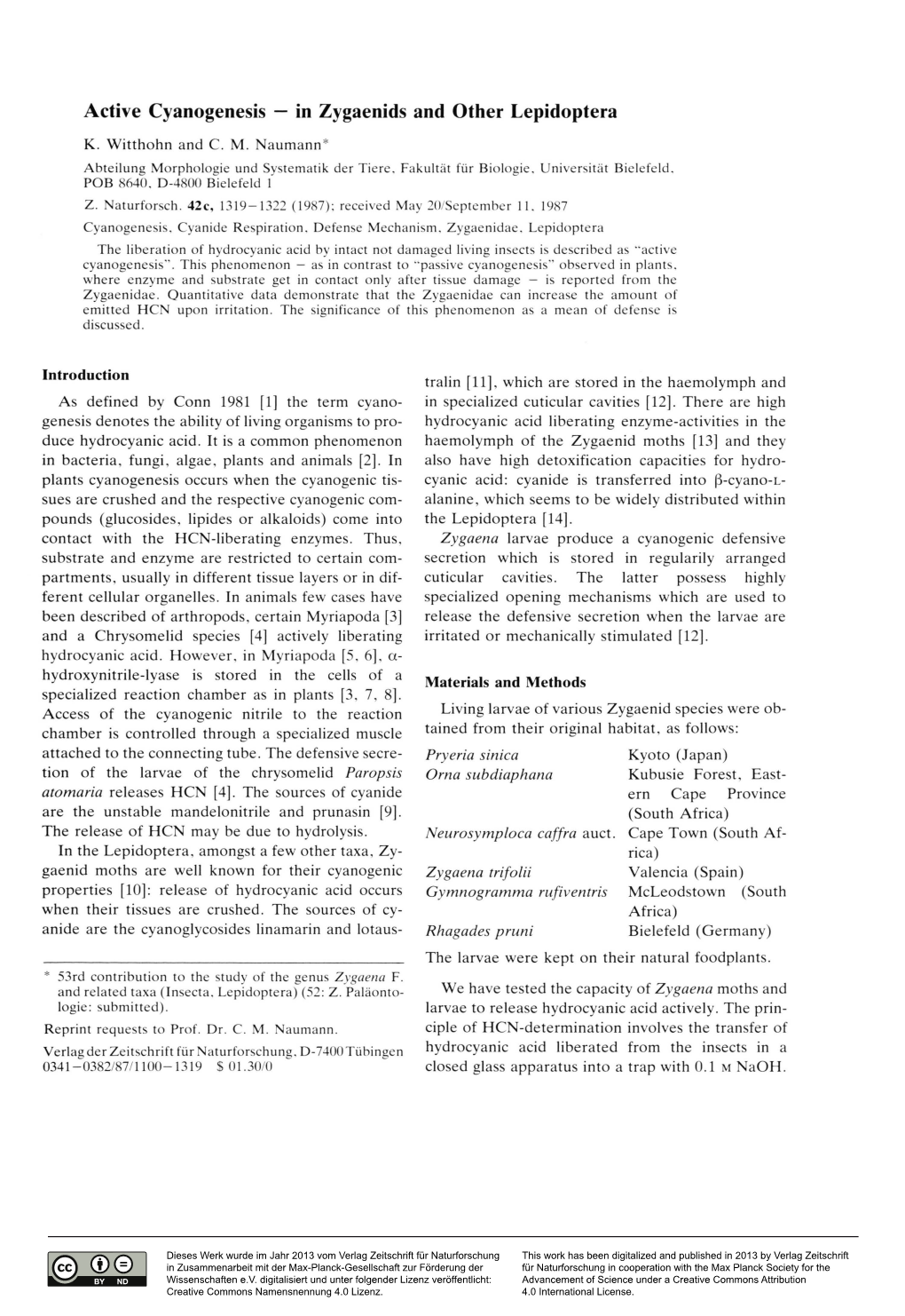 Active Cyanogenesis — in Zygaenids and Other Lepidoptera