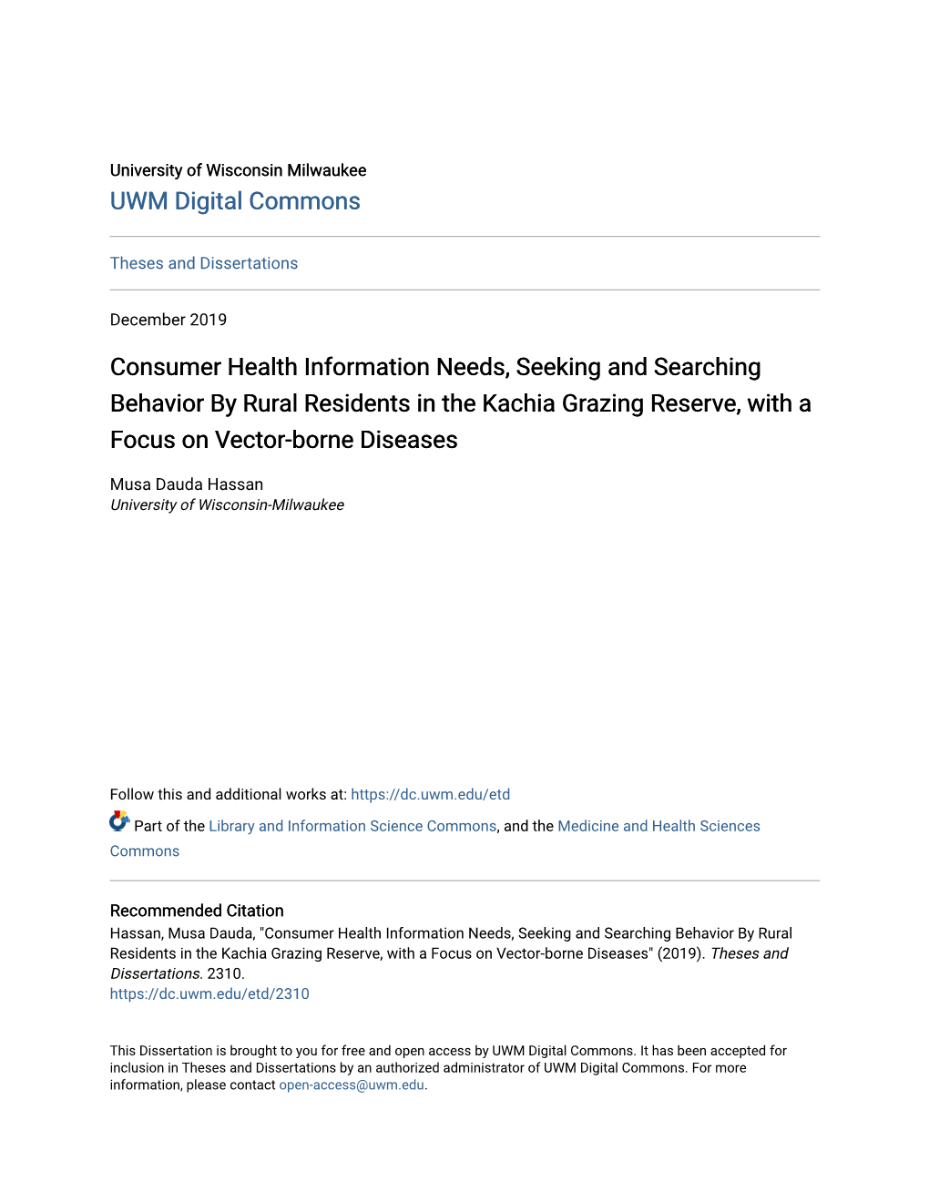 Consumer Health Information Needs, Seeking and Searching Behavior by Rural Residents in the Kachia Grazing Reserve, with a Focus on Vector-Borne Diseases