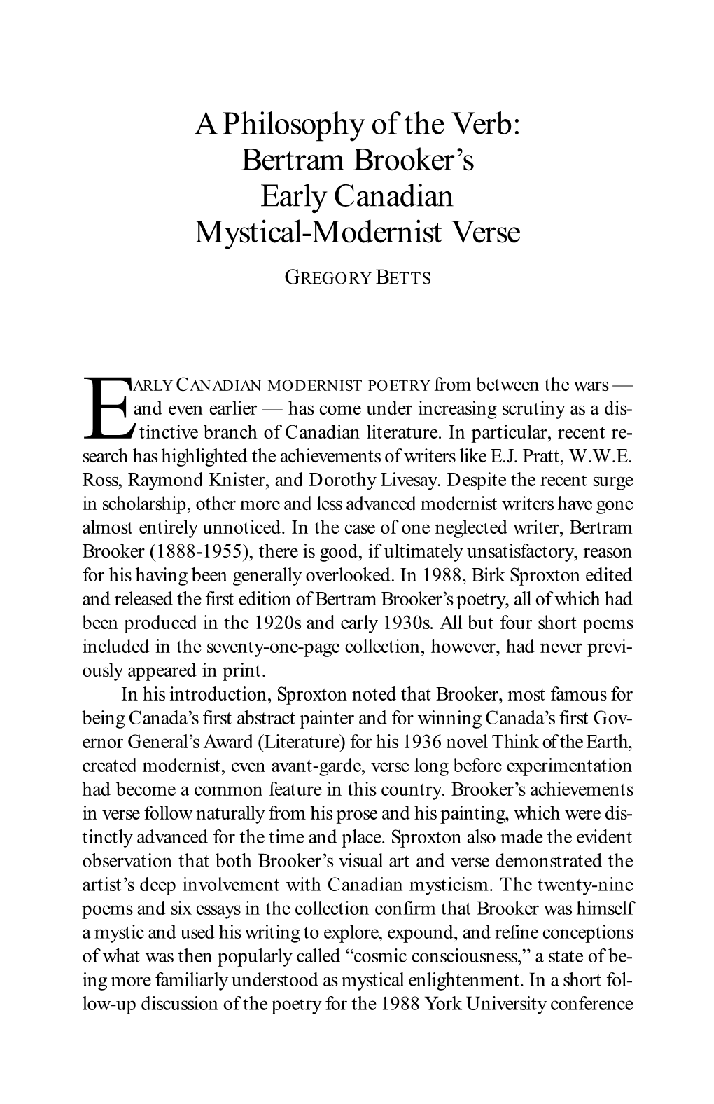 Bertram Brooker's Early Canadian Mystical-Modernist Verse
