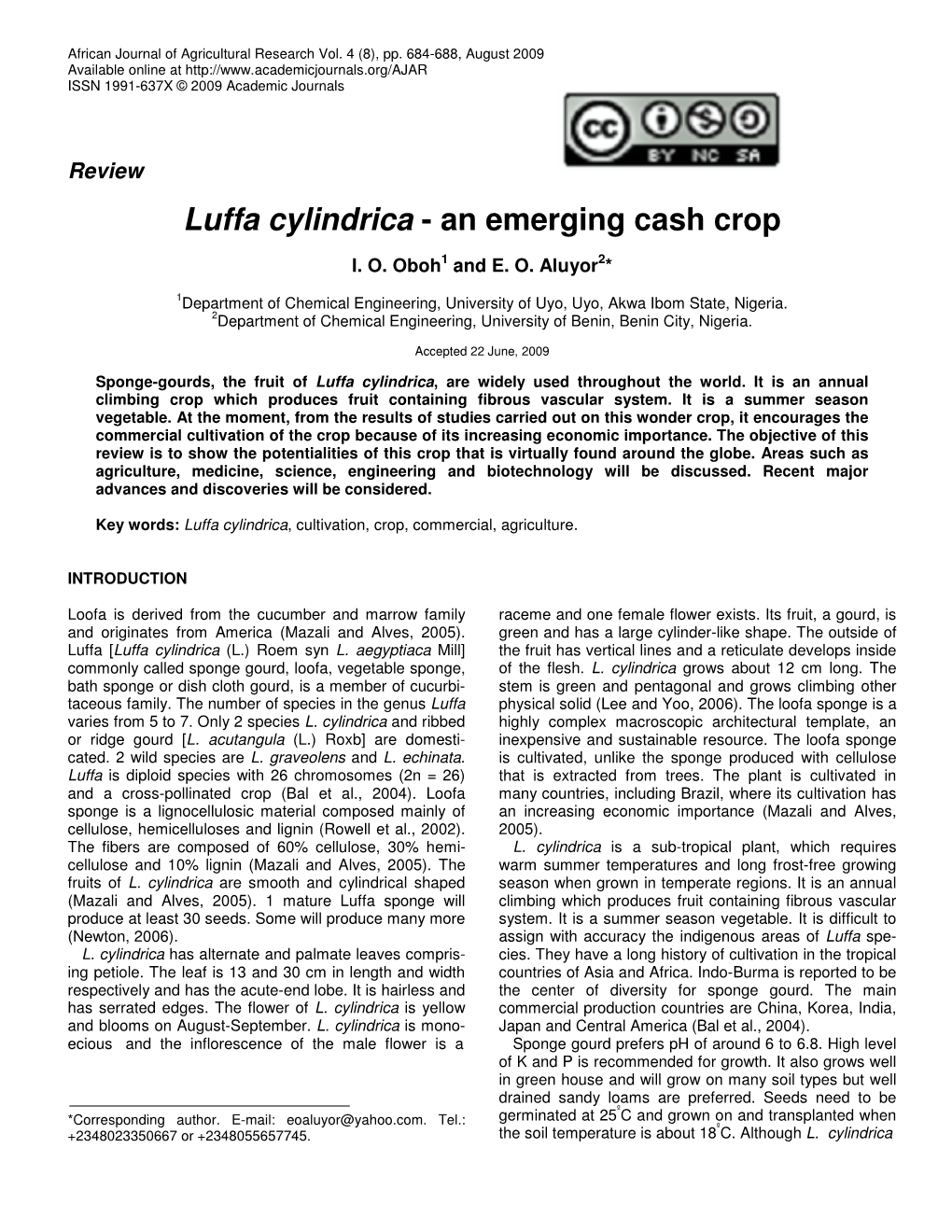 Luffa Cylindrica - an Emerging Cash Crop