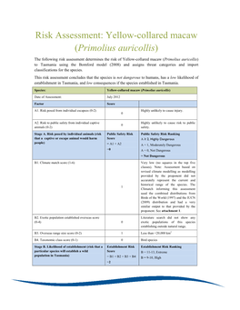 Risk Assessment: Yellow-Collared Macaw (Primolius Auricollis)