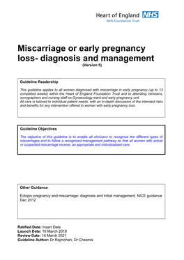 Miscarriage Or Early Pregnancy Loss- Diagnosis and Management (Version 5)