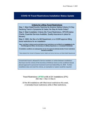 COVID-19 Travel Restrictions Installation Status Update