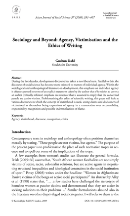 Sociology and Beyond: Agency, Victimisation and the Ethics of Writing