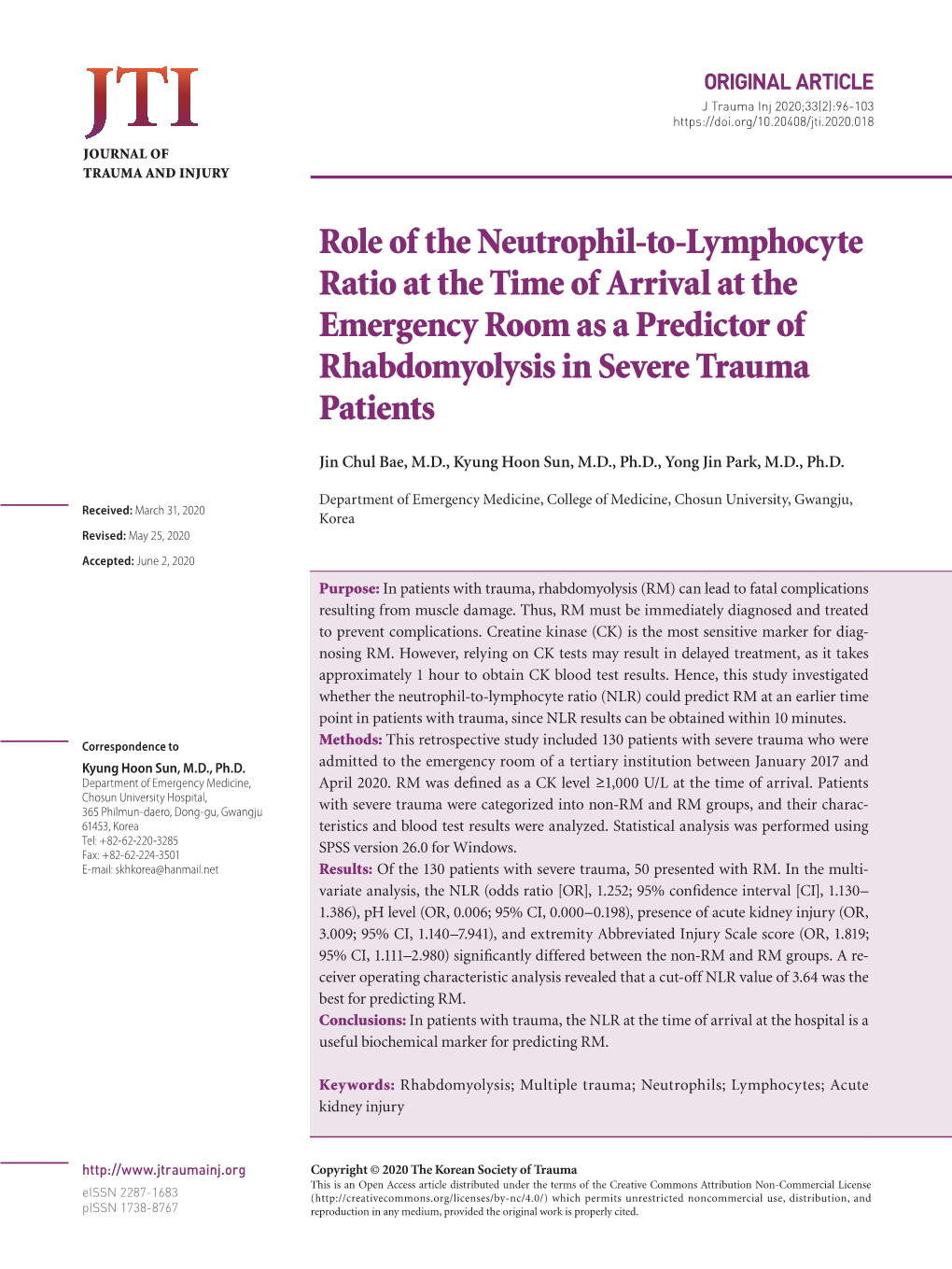 Role of the Neutrophil-To-Lymphocyte Ratio at the Time of Arrival at the Emergency Room As a Predictor of Rhabdomyolysis in Severe Trauma Patients
