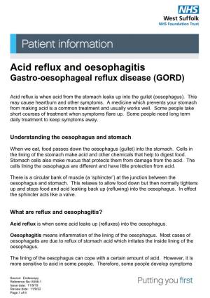 Acid Reflux and Oesophagitis Gastro-Oesophageal Reflux Disease (GORD)
