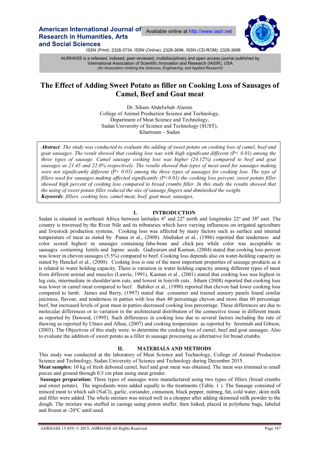 The Effect of Adding Sweet Potato As Filler on Cooking Loss of Sausages of Camel, Beef and Goat Meat