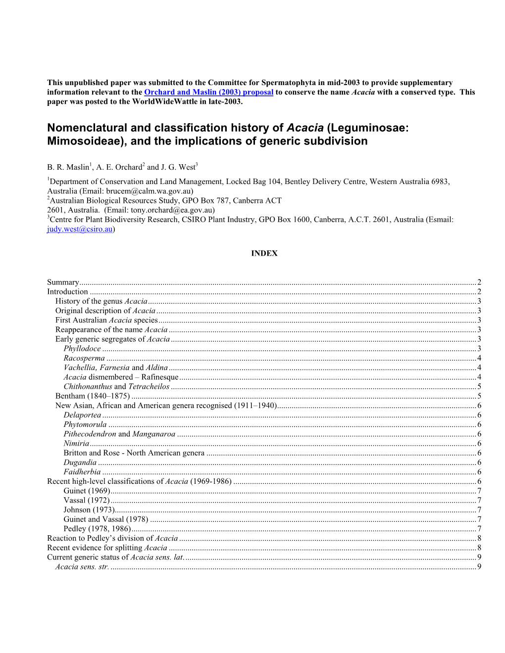 Classification History of Acacia and Nomenclatural Implications