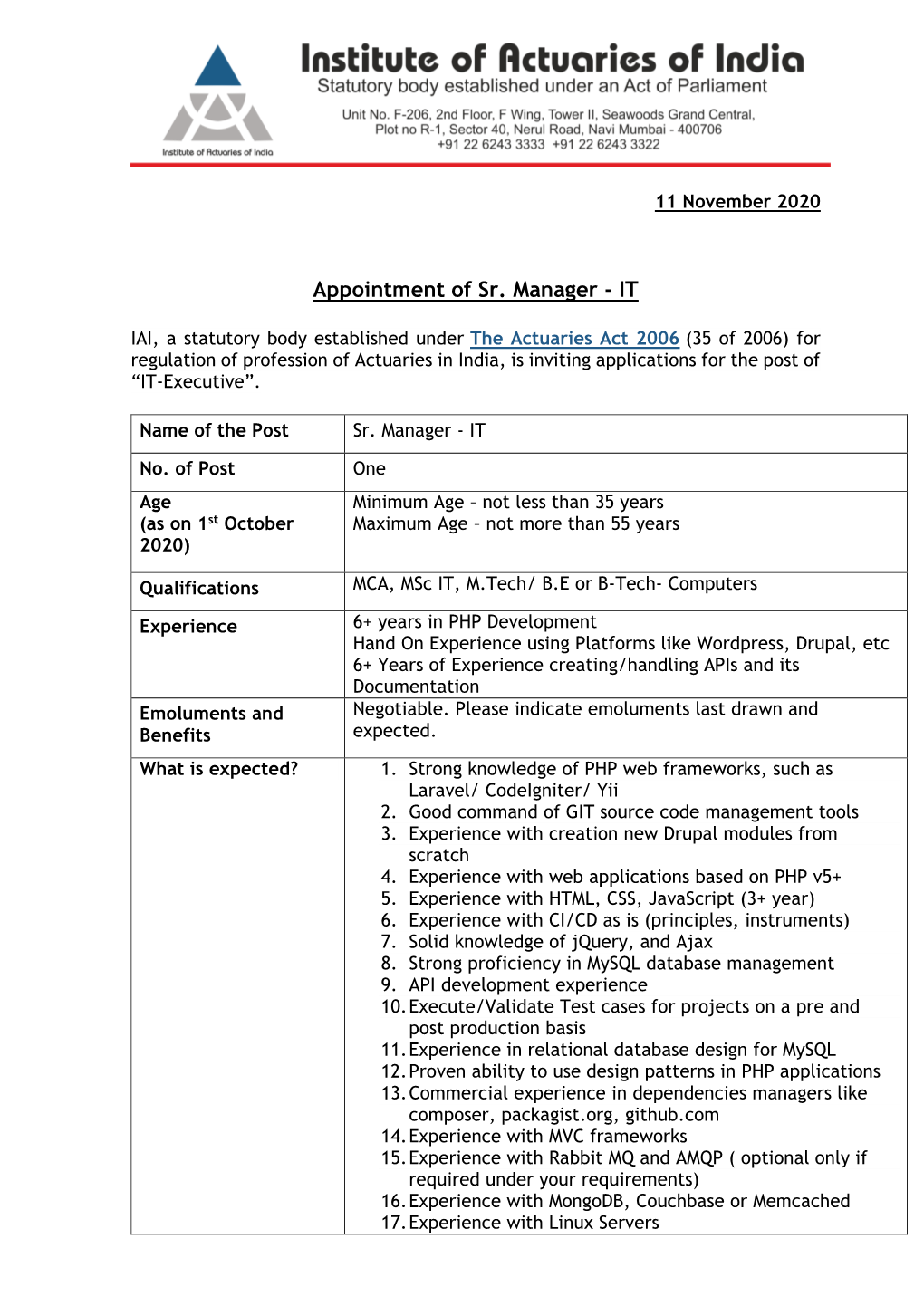 Appointment of Sr. Manager - IT