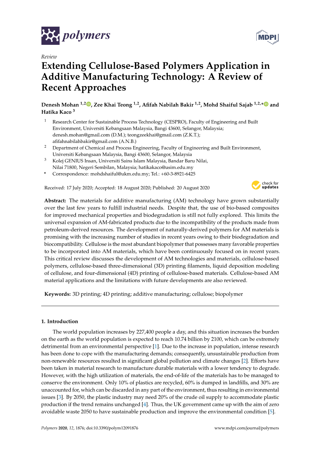 Extending Cellulose-Based Polymers Application in Additive Manufacturing Technology: a Review of Recent Approaches