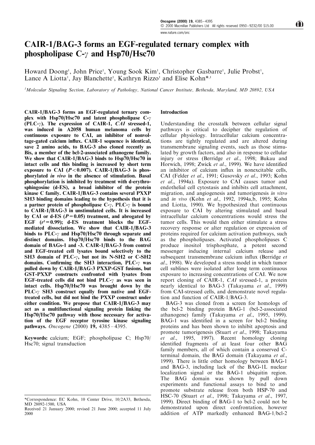 CAIR-1/BAG-3 Forms an EGF-Regulated Ternary Complex with Phospholipase C-У and Hsp70/Hsc70