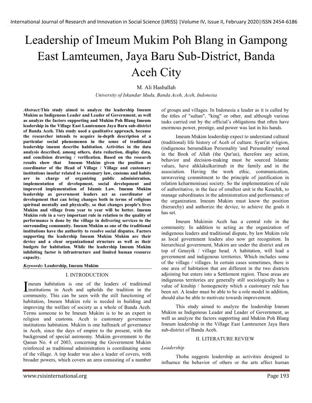 Leadership of Imeum Mukim Poh Blang in Gampong East Lamteumen, Jaya Baru Sub-District, Banda Aceh City