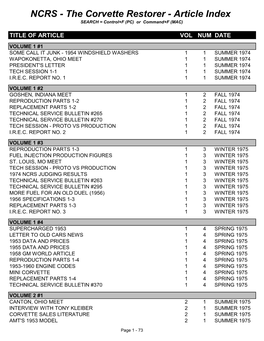 NCRS - the Corvette Restorer - Article Index SEARCH = Control+F (PC) Or Command+F (MAC)